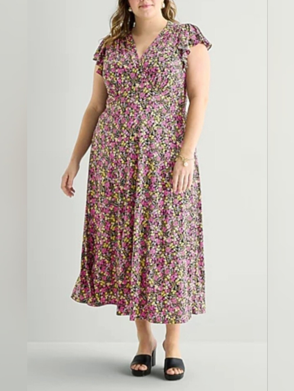 MSK Flutter Sleeves Pink/Blk Floral Maxi Dress V-Neck Stretch Figure Hagging 2X